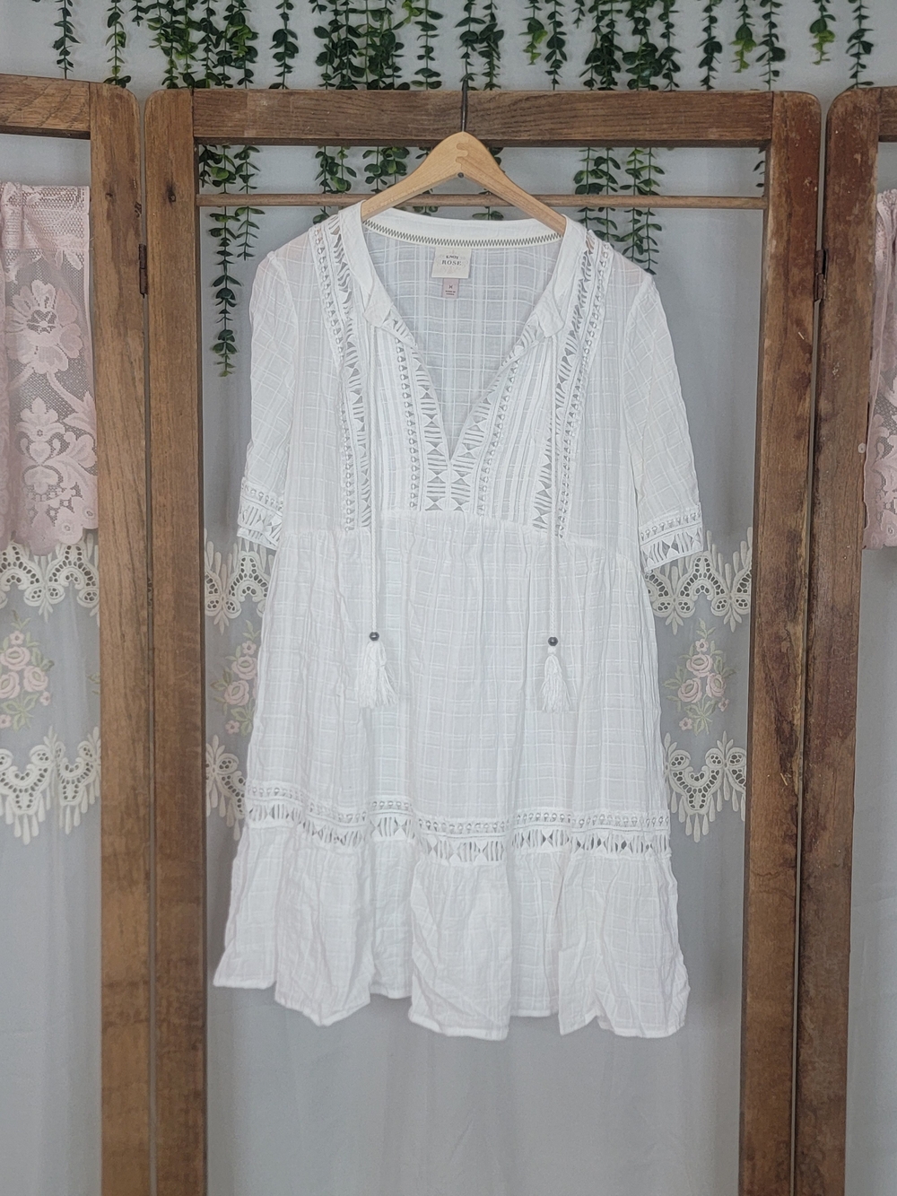 Knox Rose White Boho Embroidered Gauze Tunic Top Tassel Medium - Picture 4 of 9